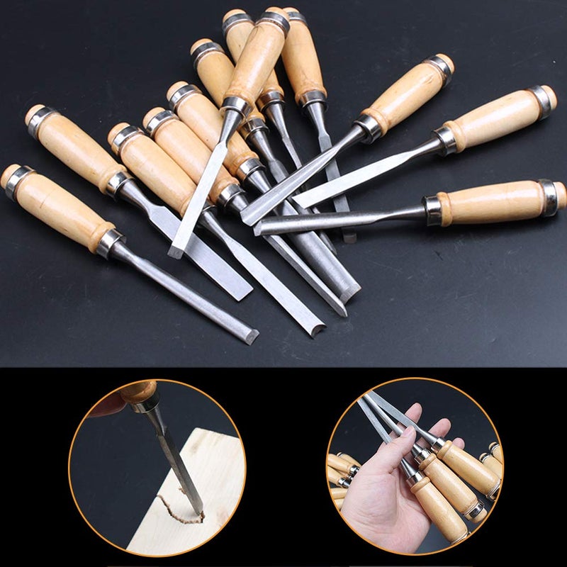 ZERONE Wood Chisel Tool Set, 12pcs Woodworking Chisels Wood Carving Tools Trimming Down Wood Woodworking Lathe Gouges Tools with Roll-Up Carrying Case for Carpenter,6mm (1/4"), 12mm (1/2") - Image 2